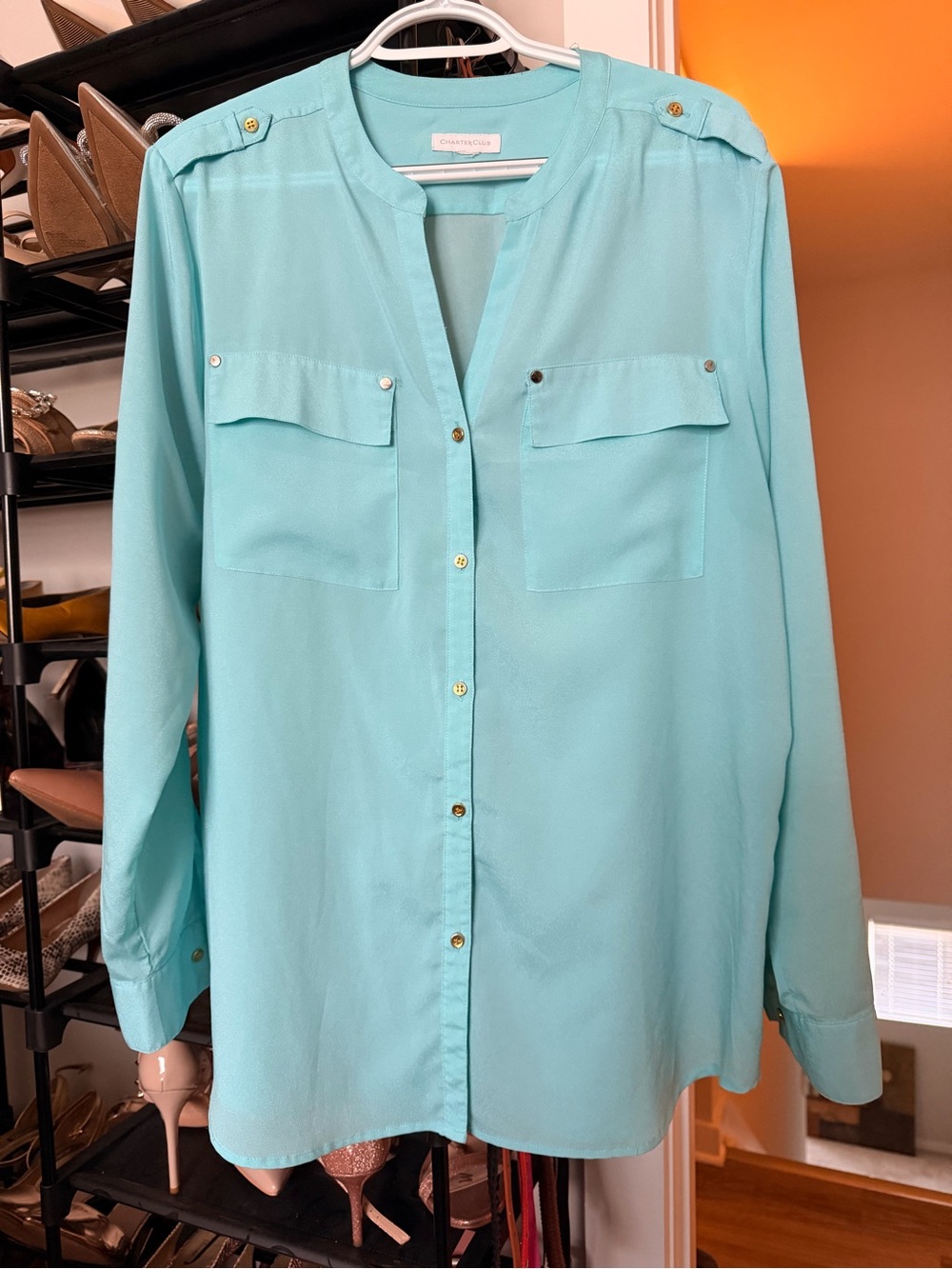 Charter Club Women's Turquoise Button-Front Blouse